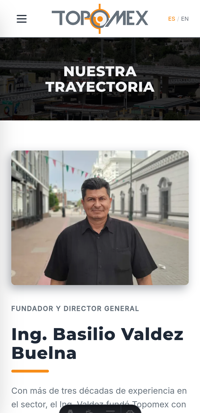 Topomex About page on mobile, featuring a photograph and profile of its founder and managing director.