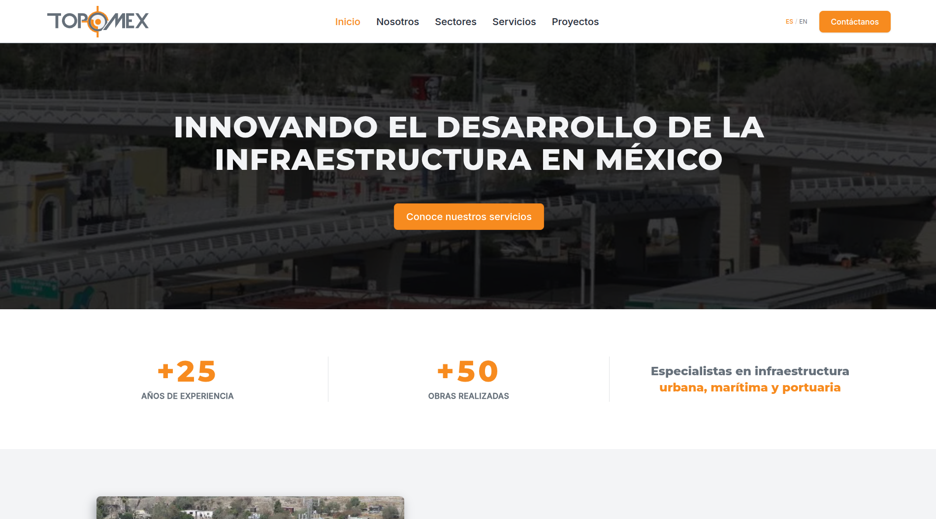 Topomex desktop homepage with primary navigation, a visual hero section, and company metrics.