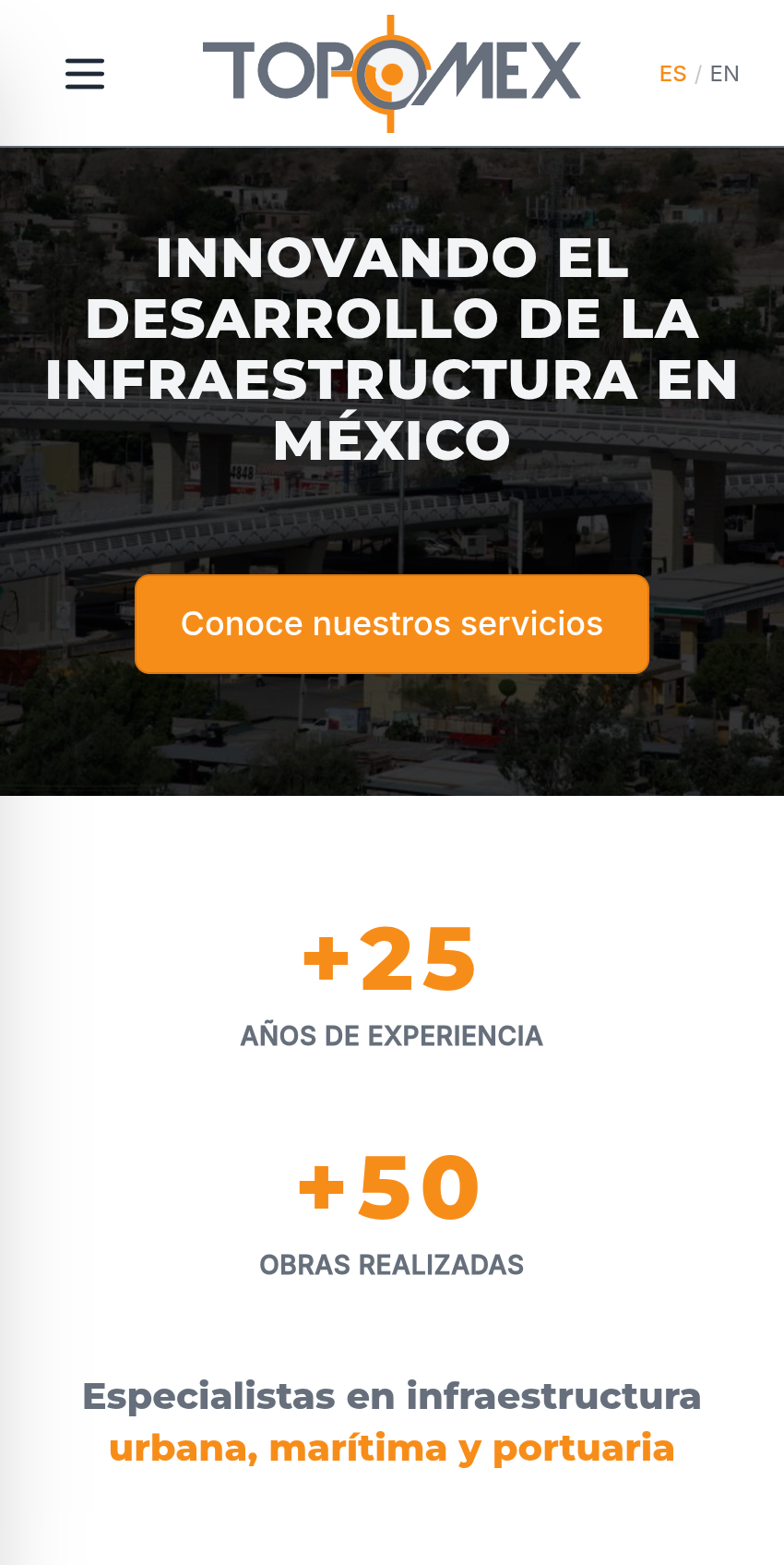 Topomex corporate website homepage displayed on a mobile screen