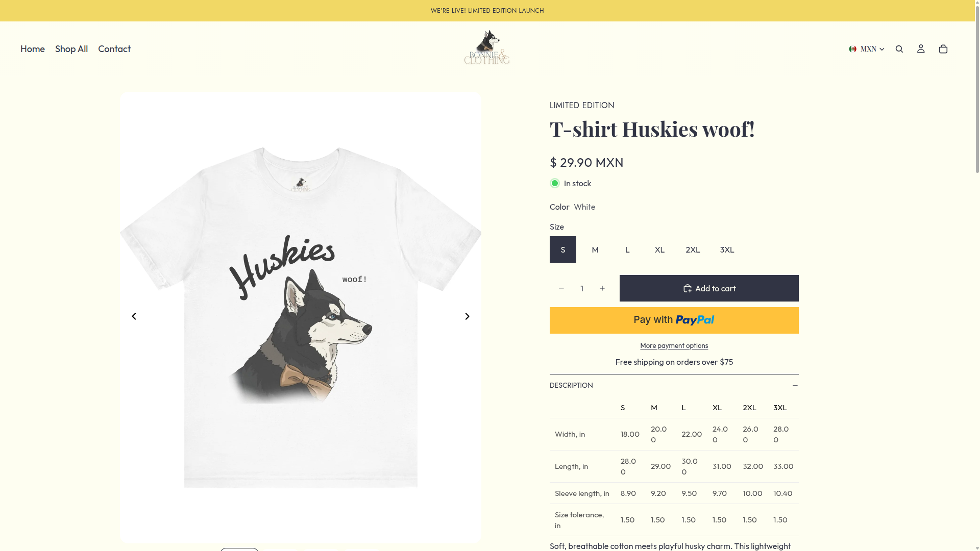 Bonnie & Clothing product page displayed on a desktop screen